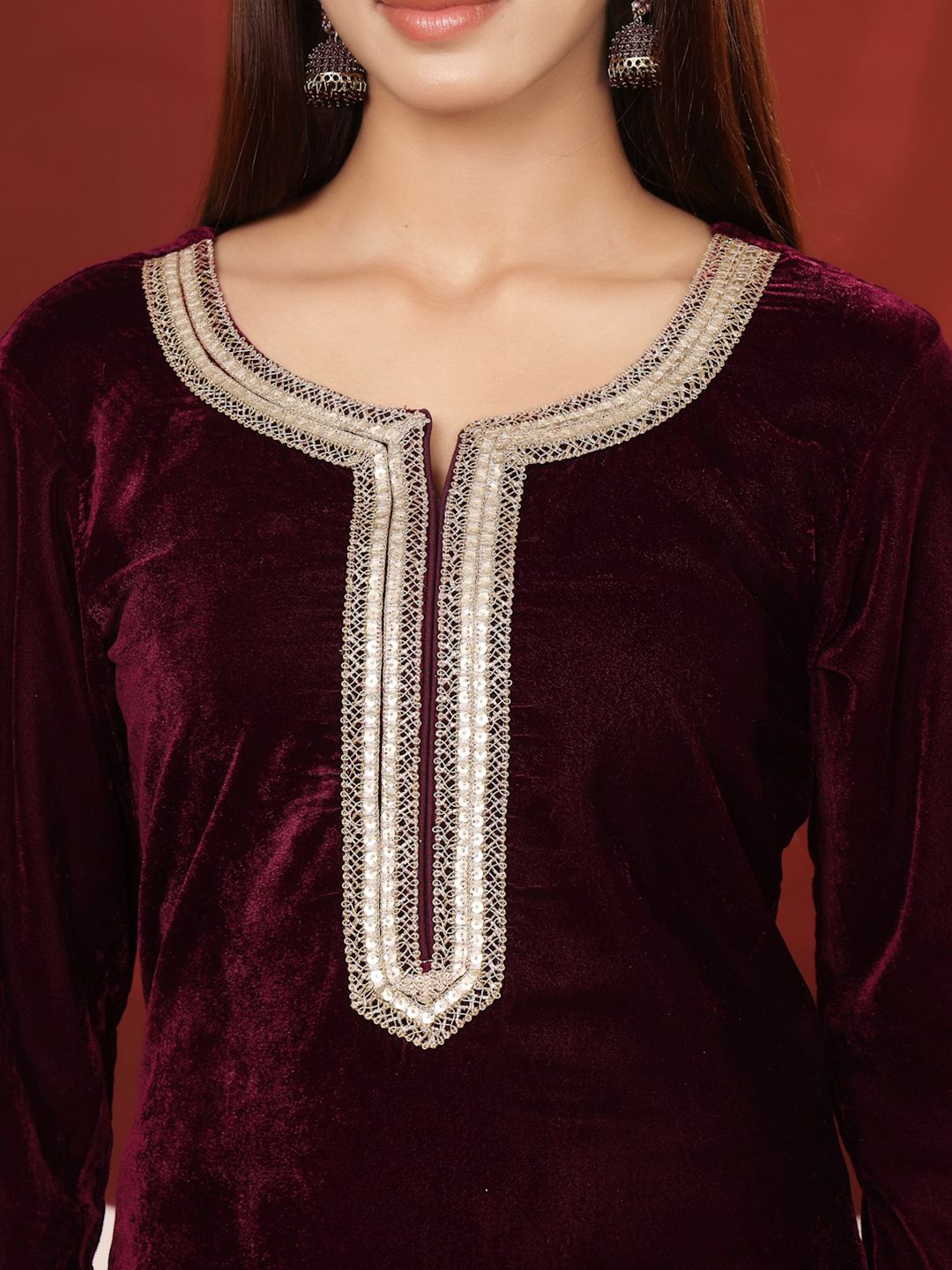 Dhiyona VA Women's Zari & Sequin Embroidered Neck Velvet Winter Kurta with Sharara & Dupatta