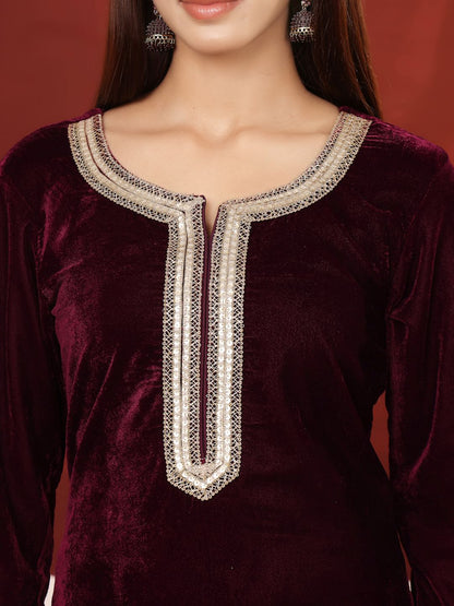 Dhiyona VA Women's Zari & Sequin Embroidered Neck Velvet Winter Kurta with Sharara & Dupatta