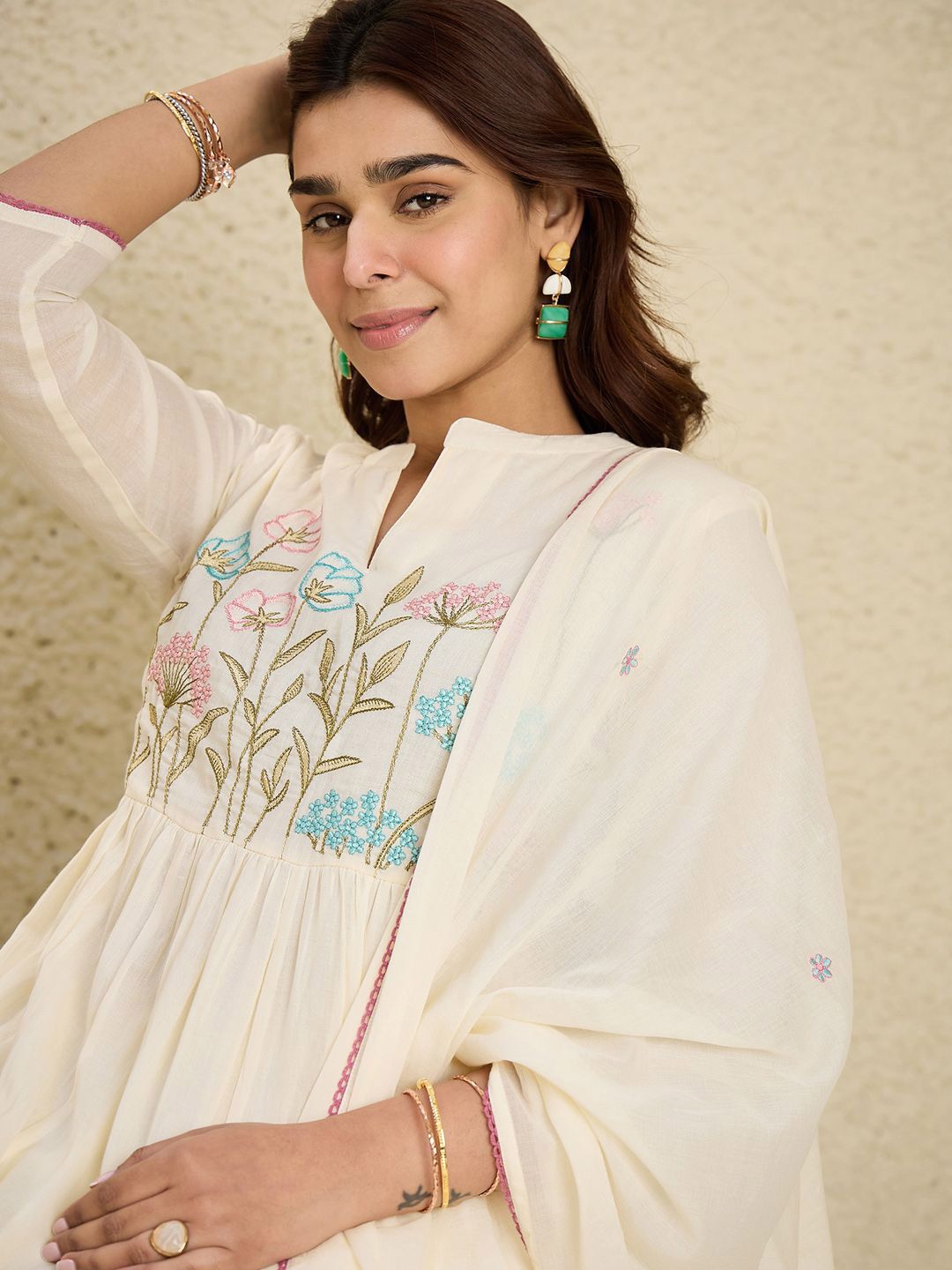 Dhiyona IE Embroidered Mandarin Collar Pure Cotton A-Line Kurta With Trouser & Dupatta