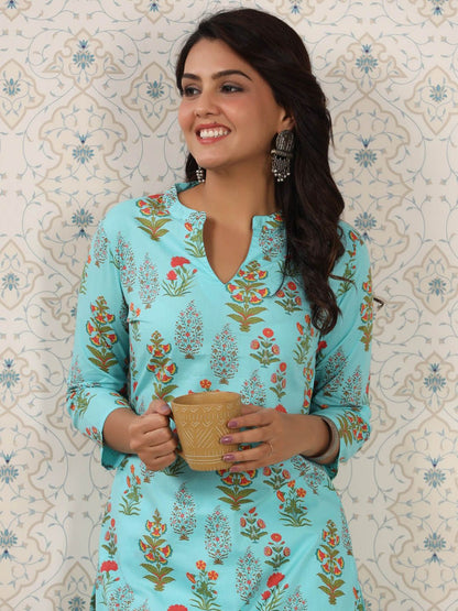 Dhiyona OD  Floral Printed Mandarin Collar Pure Cotton Kurta