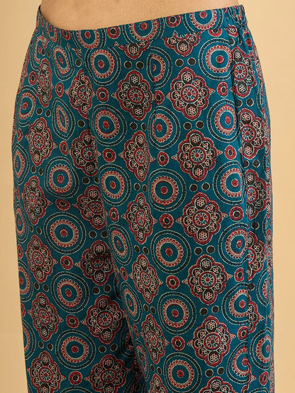 Dhiyona IE Ethnic Motifs Printed V-Neck Pure Cotton A-Line Kurta With Trousers