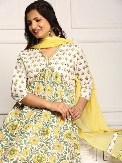 Dhiyona IS Women's Floral Printed Sequinned Pleated V-Neck Pure Cotton Kurta With Sharara & Dupatta