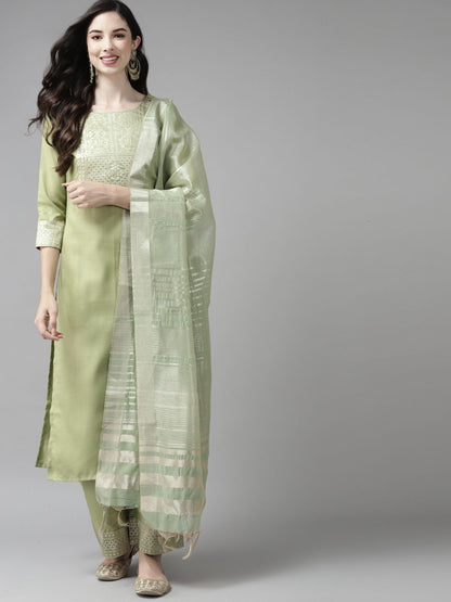 Dhiyona IE Women Green Yoke Design Regular Kurta with Palazzos & Dupatta