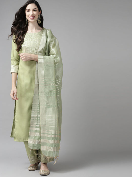 Dhiyona IE Women Green Yoke Design Regular Kurta with Palazzos & Dupatta