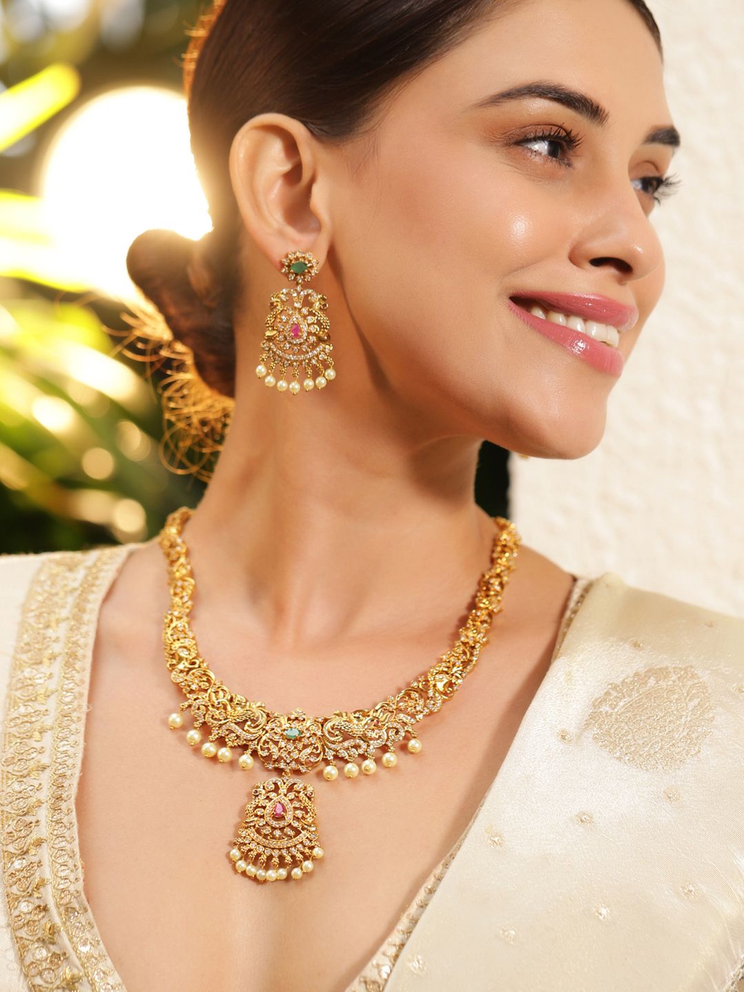 Dhiyona RJ Women's 22K Gold-Plated Emerald, Ruby Pink & Cubic Zirconia Jewellery Set with Pearl Beads