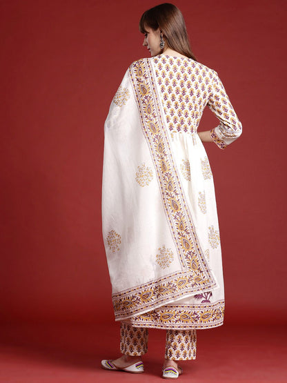 Dhiyona IE Ethnic Motifs Printed Empire Mirror Work Pure Cotton Kurta Set
