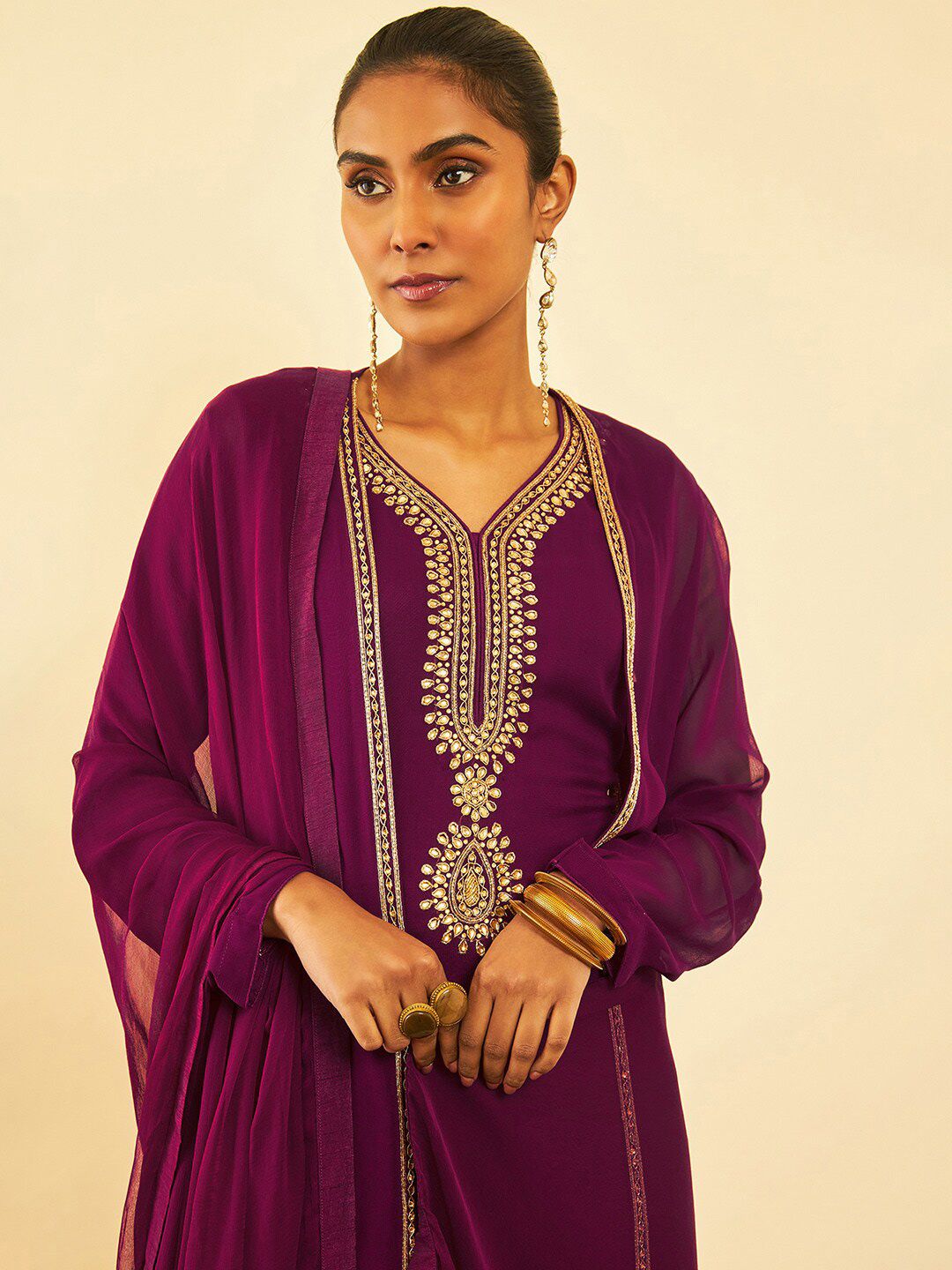 Dhiyona SO Women's Magenta Embroidered Regular Beads and Stones Kurta with Churidar & Dupatta