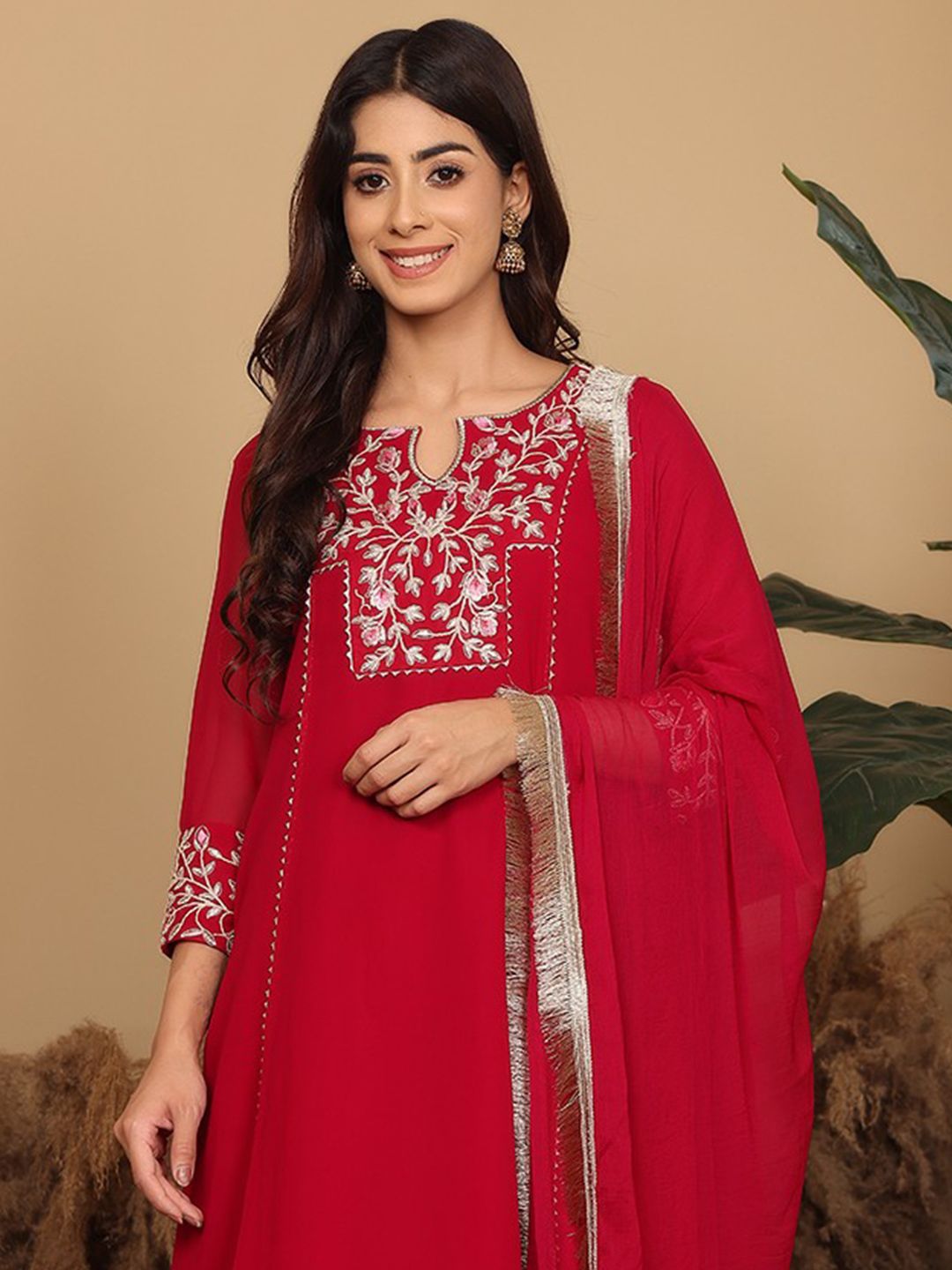 Dhiyona VA Women's Floral Embroidered Silk Georgette A-Line Kurta with Trousers & Dupatta