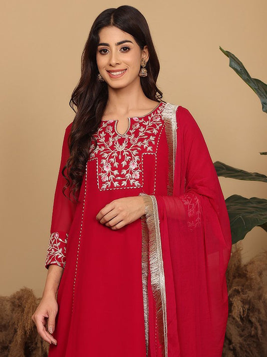 Dhiyona VA Women's Floral Embroidered Silk Georgette A-Line Kurta with Trousers & Dupatta