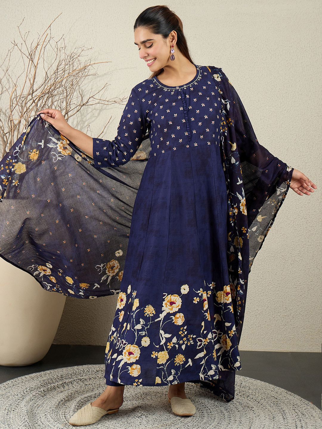 Women Floral Printed Anarkali Pure Cotton Kurta with Trousers & With Dupatta