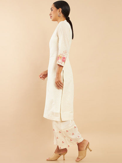 Dhiyona SO Women's Women Off-White Embroidered Panelled Pure Cotton Kurta with Trousers