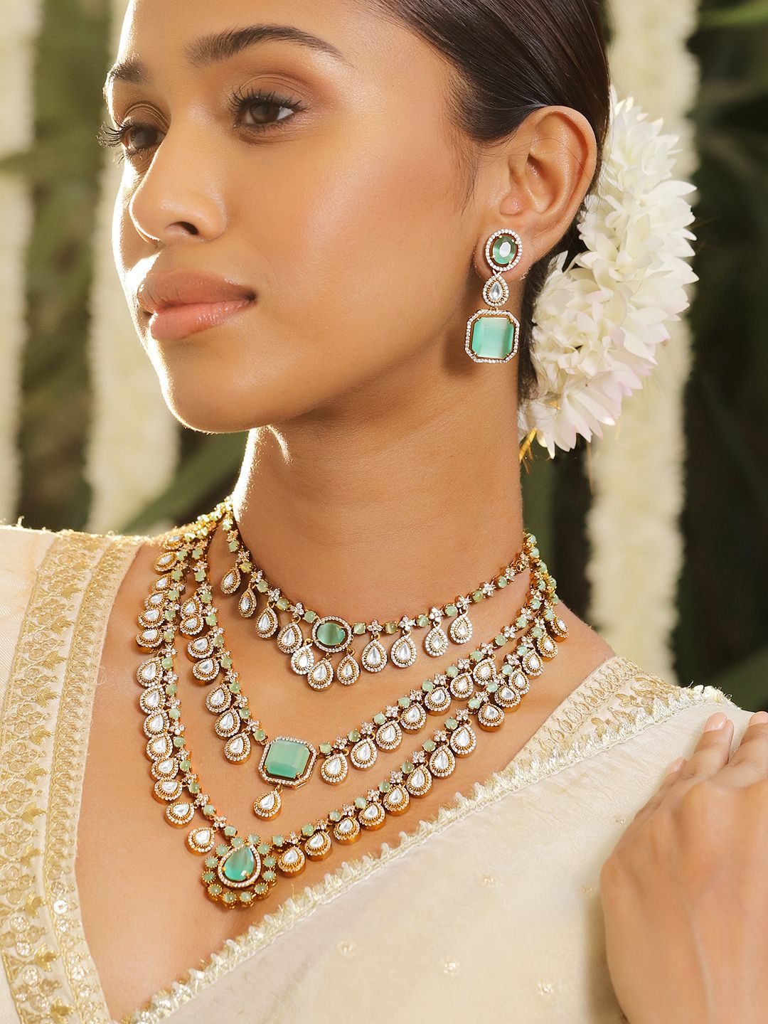 Dhiyona RJ Women's 24K Gold-Plated Pastel Green & AAA Cubic Zirconia Multi-Layer Bridal Necklace Set