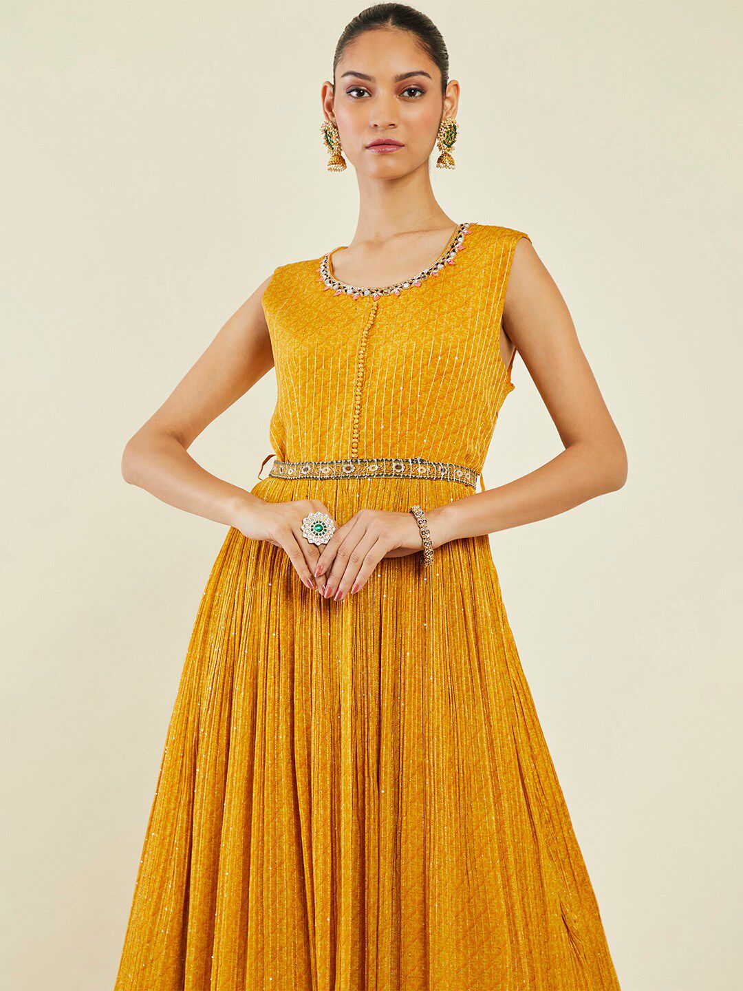 Dhiyona SO Women's Embroidered Georgette Anarkali Kurta with Churidar & with Dupatta