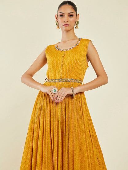 Dhiyona SO Women's Embroidered Georgette Anarkali Kurta with Churidar & with Dupatta