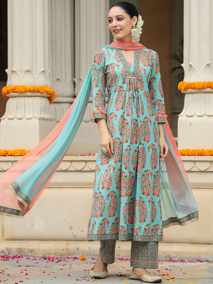 Dhiyona RR Women's Ethnic Motif Printed Pure Cotton Kurta with Trousers & Dupatta