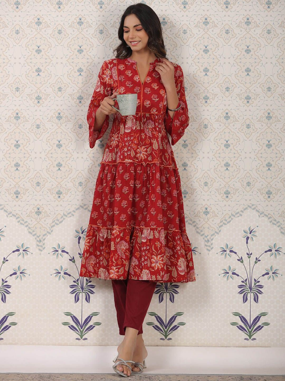 Dhiyona OD  Ethnic Motifs Printed Bell Sleeves A-Line Cotton Kurta