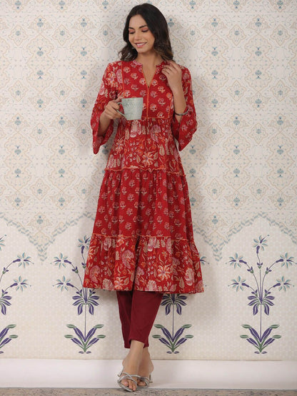 Dhiyona OD  Ethnic Motifs Printed Bell Sleeves A-Line Cotton Kurta