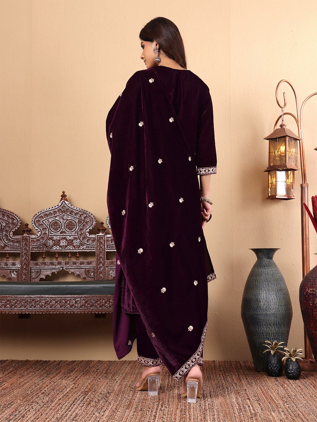 Dhiyona VA Women'sPurple Floral Yoke Design Thread Work Velvet Kurta with Trousers & Dupatta