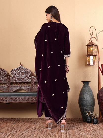 Dhiyona VA Women'sPurple Floral Yoke Design Thread Work Velvet Kurta with Trousers & Dupatta