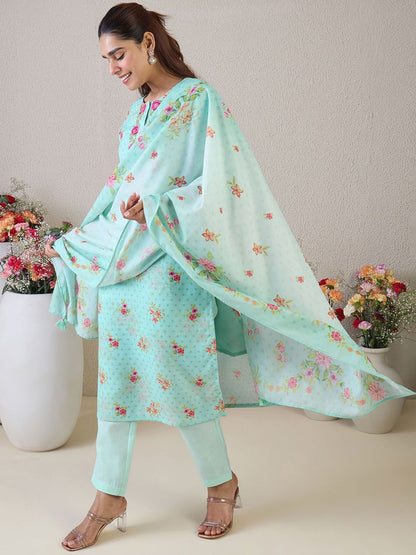 Dhiyona IE Women Floral Embroidered Thread Work Linen Kurta with Trousers & With Dupatta