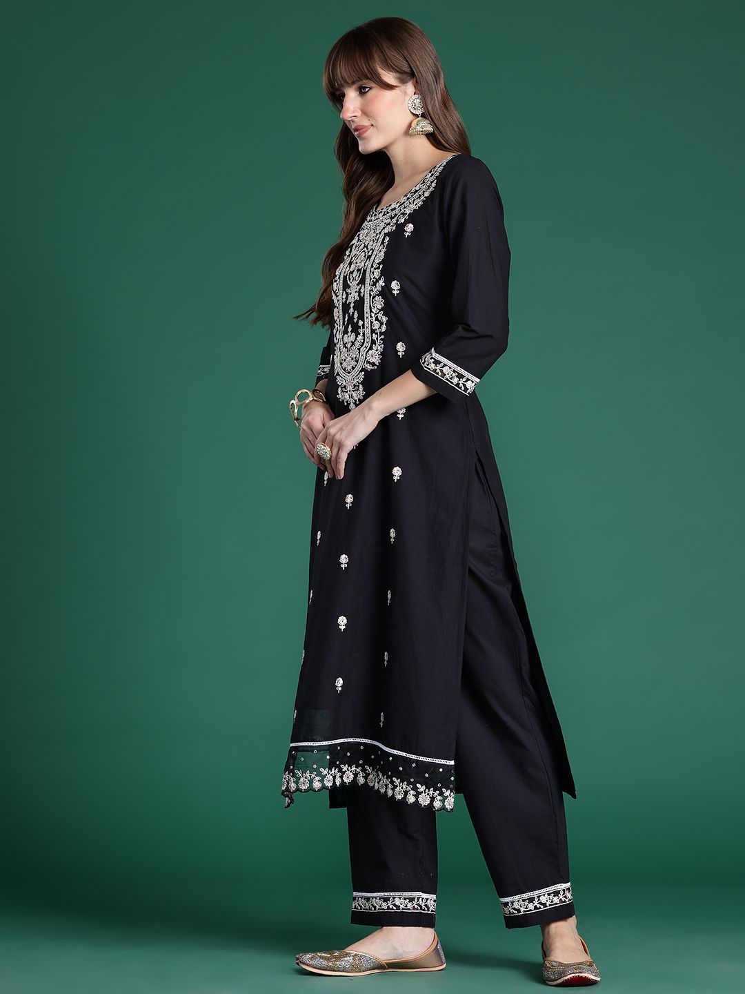 Floral Embroidered Pure Cotton Kurta with Trousers & Dupatta