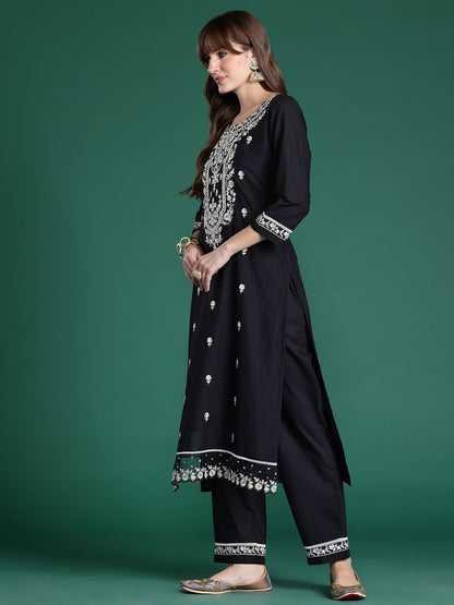 Floral Embroidered Pure Cotton Kurta with Trousers & Dupatta