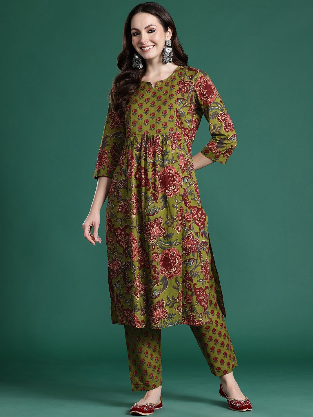Floral Printed Pleated Sequinned Pure Cotton Kurta with Trousers