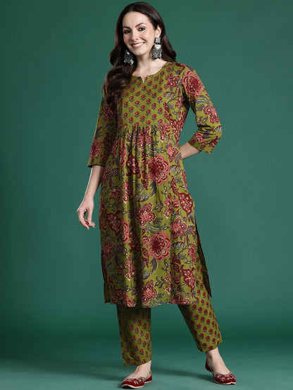 Floral Printed Pleated Sequinned Pure Cotton Kurta with Trousers