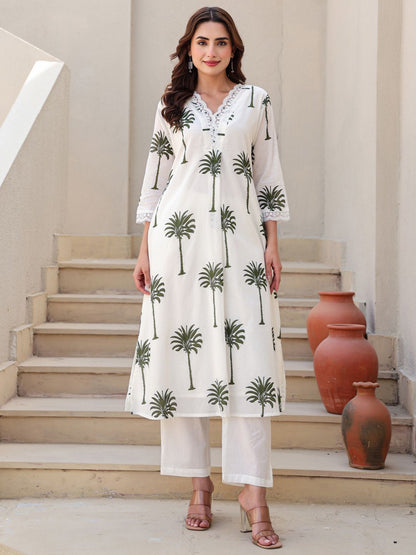 Floral Printed V-Neck Pure Cotton Kurta With Trousers