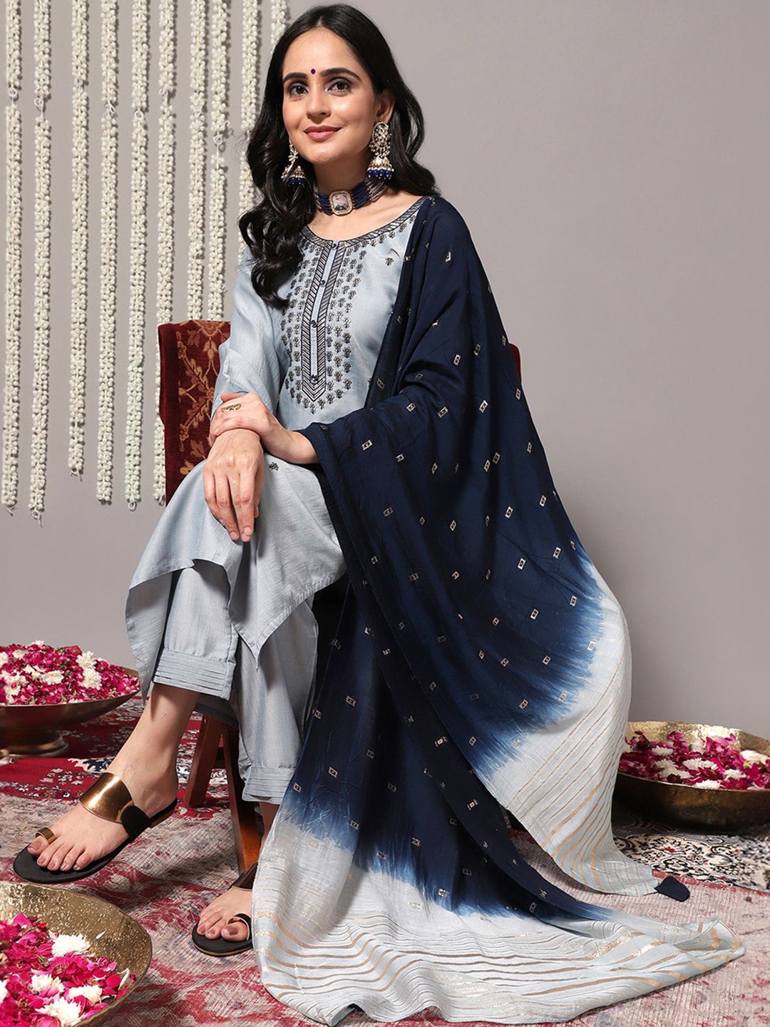 Dhiyona VA Women'sBlue Ethnic Motifs Embroidered Kurta With Trousers & Dupatta