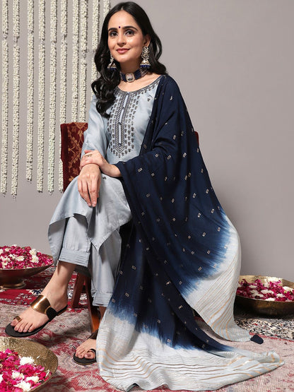 Dhiyona VA Women'sBlue Ethnic Motifs Embroidered Kurta With Trousers & Dupatta