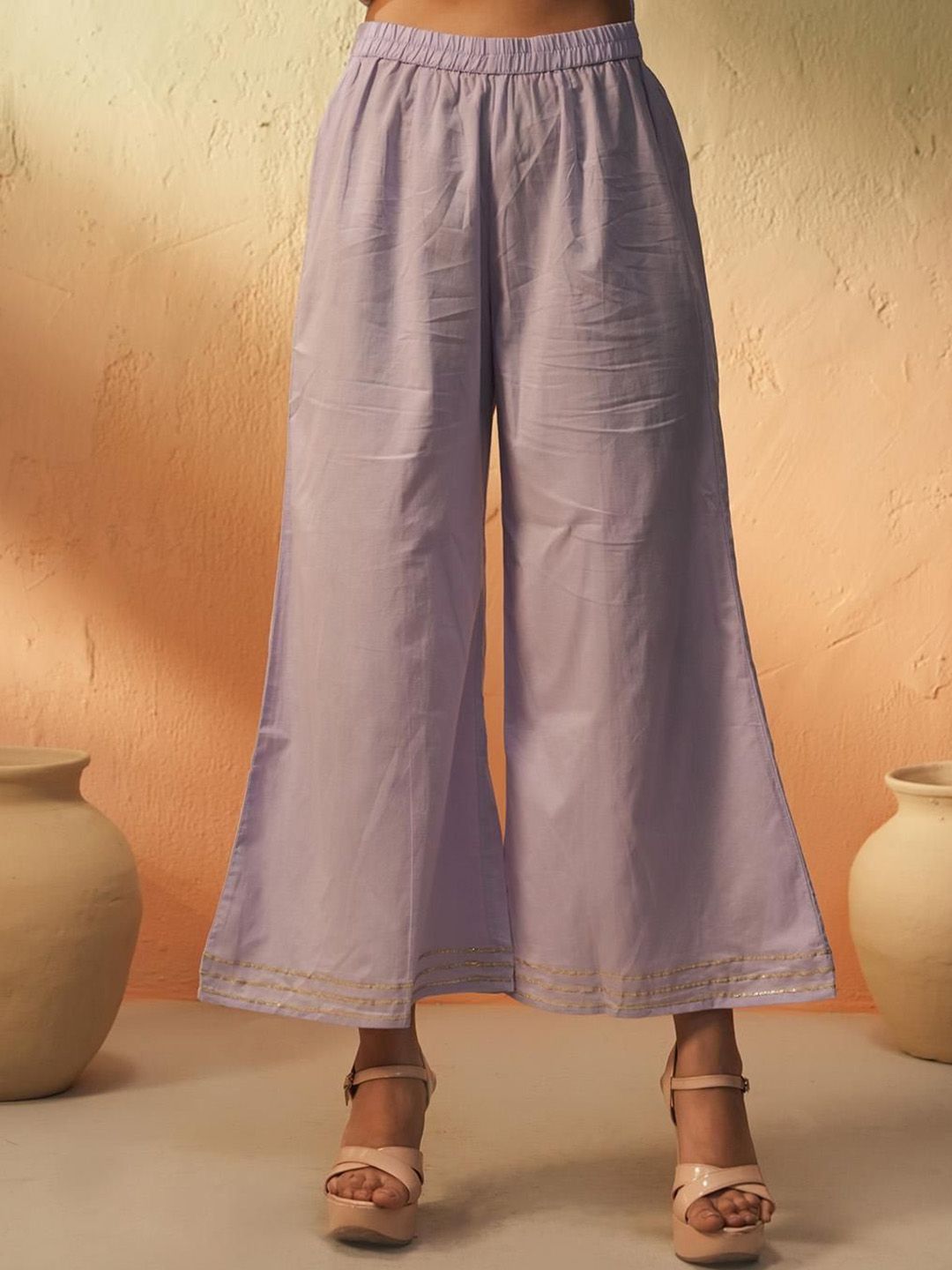 Dhiyona IS Women's Striped Embroidered Gotta Patti Pure Cotton A-Line Kurta With Trousers And Dupatta