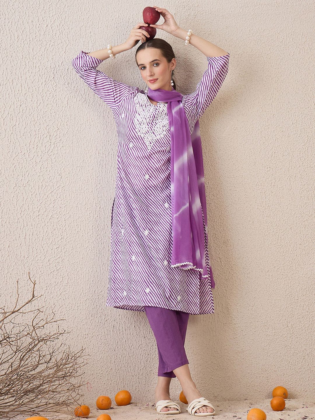 Dhiyona IE Floral Embroidered Round Neck Pure Cotton Straight Kurta With Trousers & Dupatta