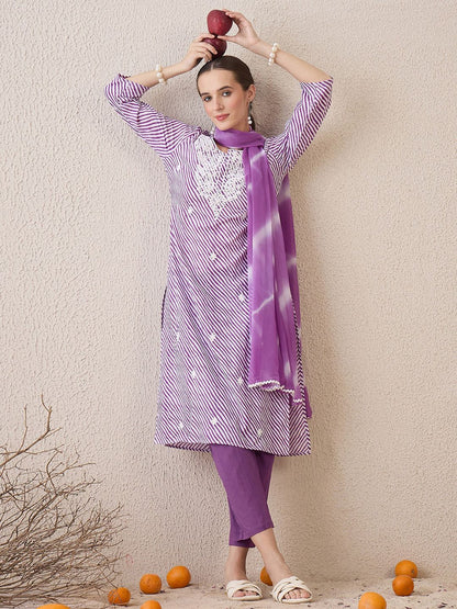 Dhiyona IE Floral Embroidered Round Neck Pure Cotton Straight Kurta With Trousers & Dupatta