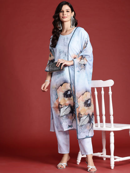 Dhiyona IE Floral Printed Beads & Stones Chanderi Silk Kurta With Trousers & Dupatta