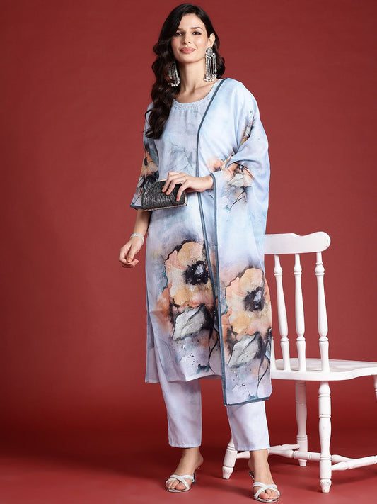 Dhiyona IE Floral Printed Beads & Stones Chanderi Silk Kurta With Trousers & Dupatta