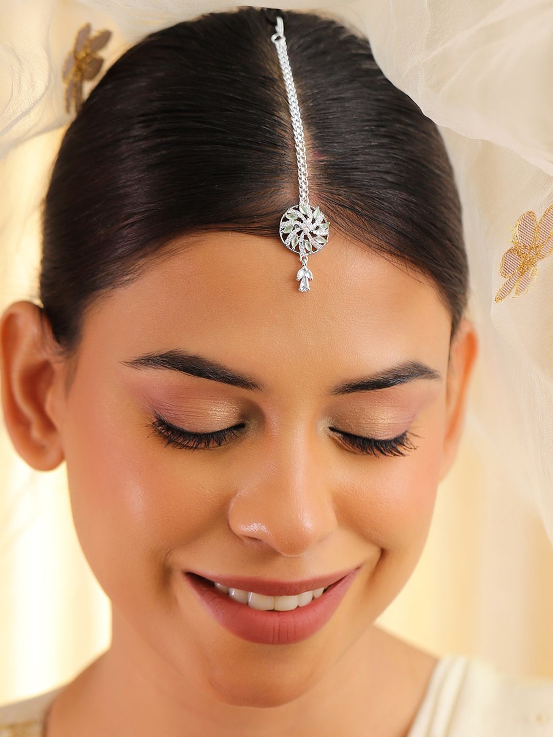 Dhiyona RJ Women's Rhodium-Plated Artificial Stones Studded Maang Tikka