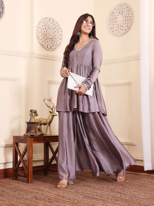Dhiyona VA Women'sV-Neck Gotta Patti Long Sleeves A-Line Flared Kurta with Palazzo