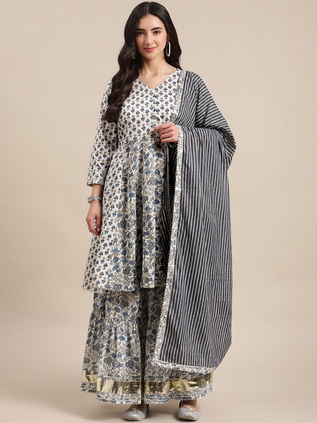 Dhiyona VA Women's White Floral Printed Regular Pure Cotton Kurta with Palazzos & With Dupatta