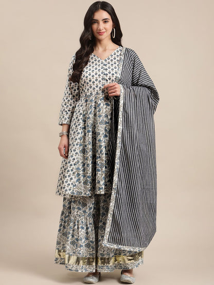 Dhiyona VA Women's White Floral Printed Regular Pure Cotton Kurta with Palazzos & With Dupatta