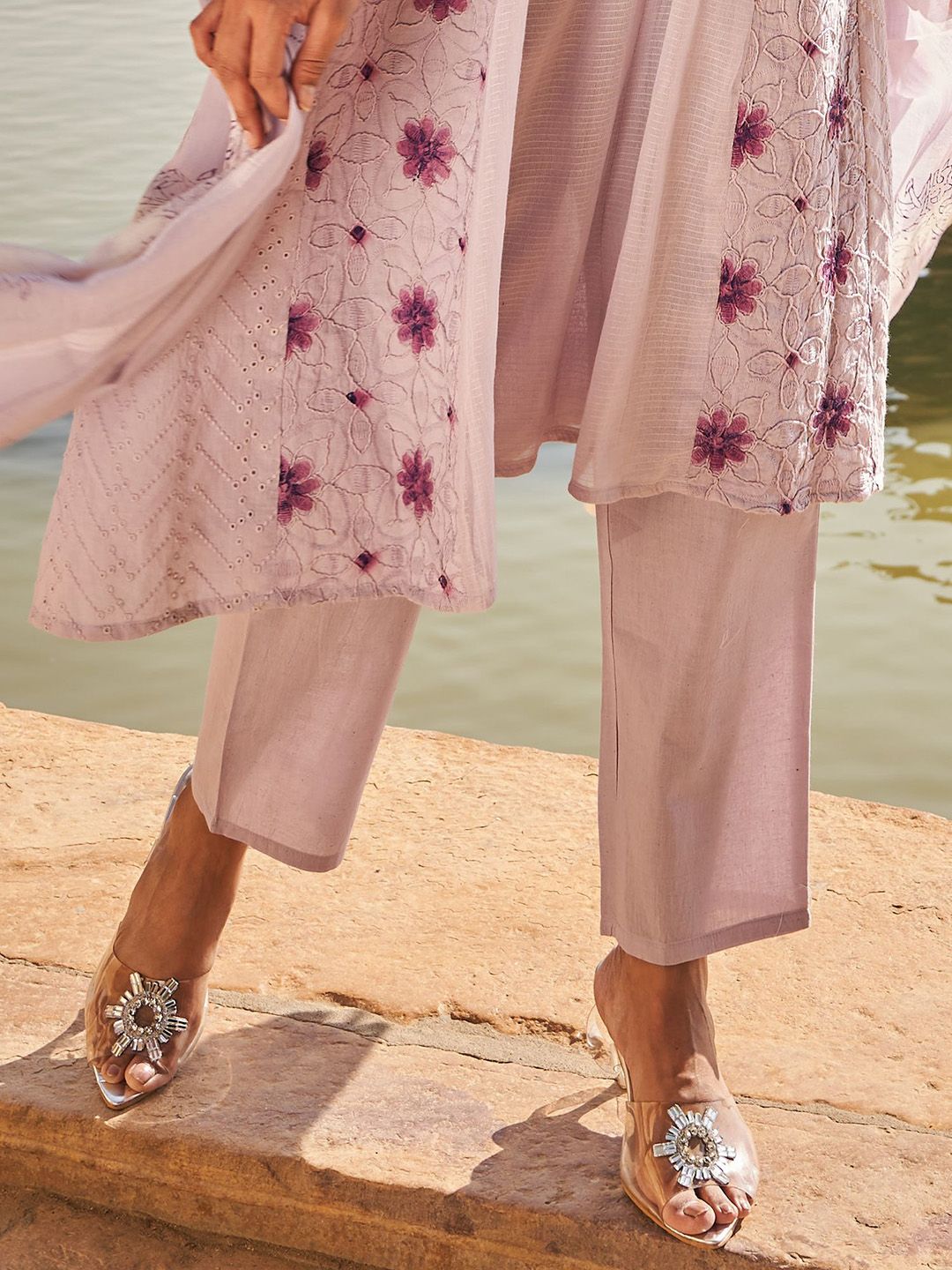 Floral Embroidered Mirror Work Anarkali Pure Cotton Kurta With Trousers & Dupatta