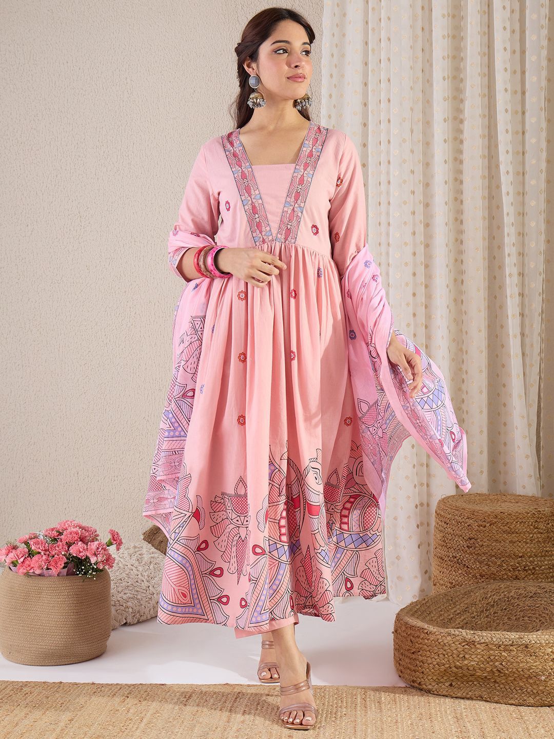 Women Floral Printed Pleated Pure Cotton Kurta with Trousers & With Dupatta