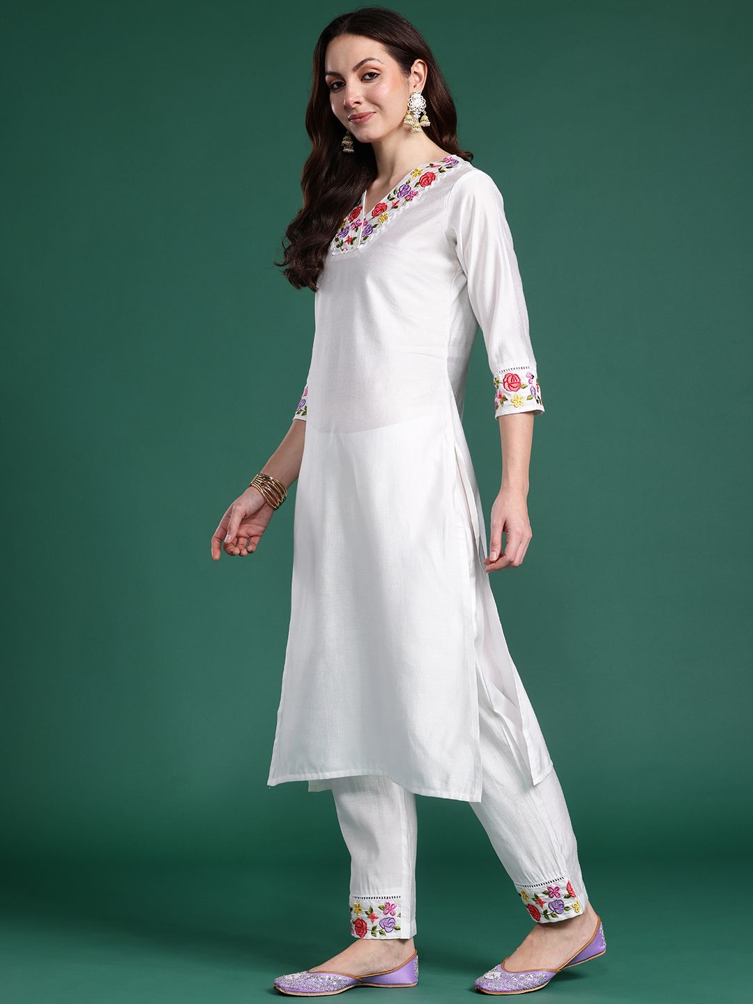 Floral Embroidered Kurta with Trousers & Dupatta