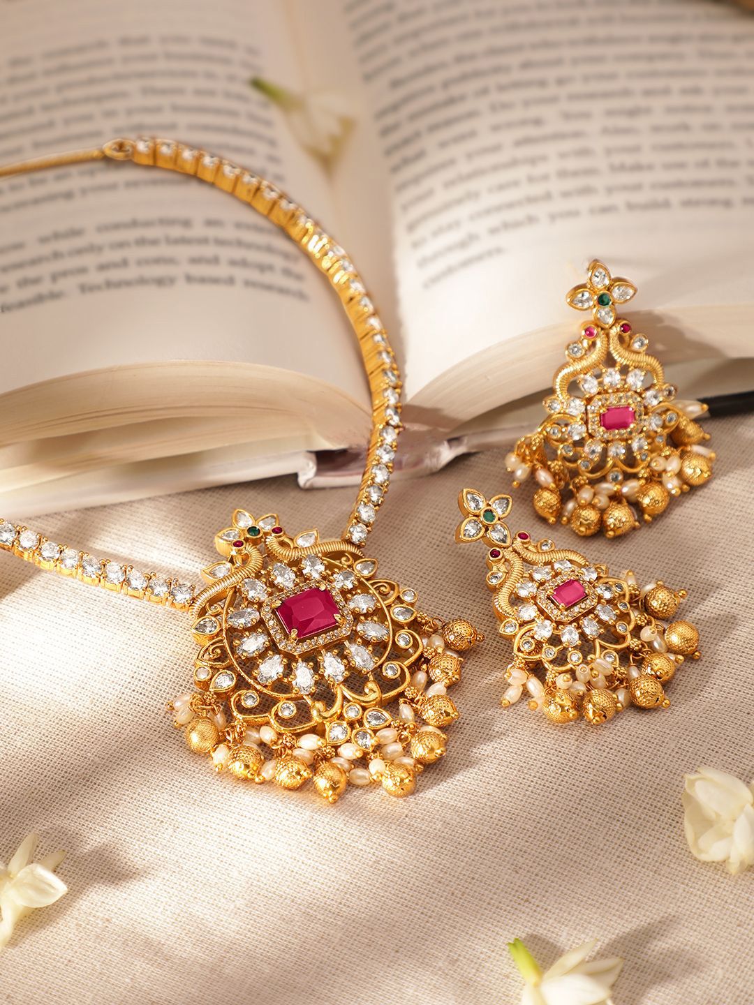 Dhiyona RJ Women's 22K Gold Plated Ruby & Cubic Zirconia Studded Jewellery Set with Gold & Pearl Beads