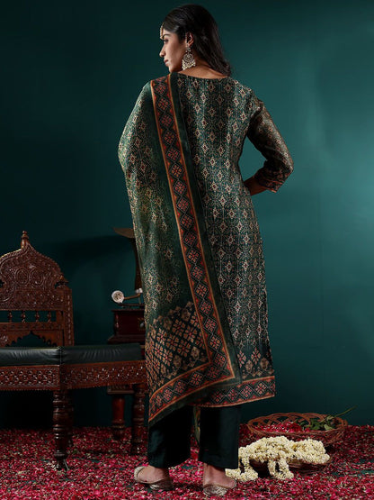 Dhiyona VA Women's Ethnic Motifs Embroidered Regular Chanderi Silk Kurta with Trousers & With Dupatta