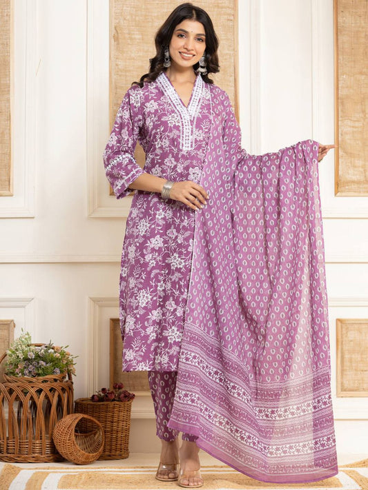Dhiyona VA Women'sFloral Printed Regular Straight Kurta with Trouser & with Dupatta