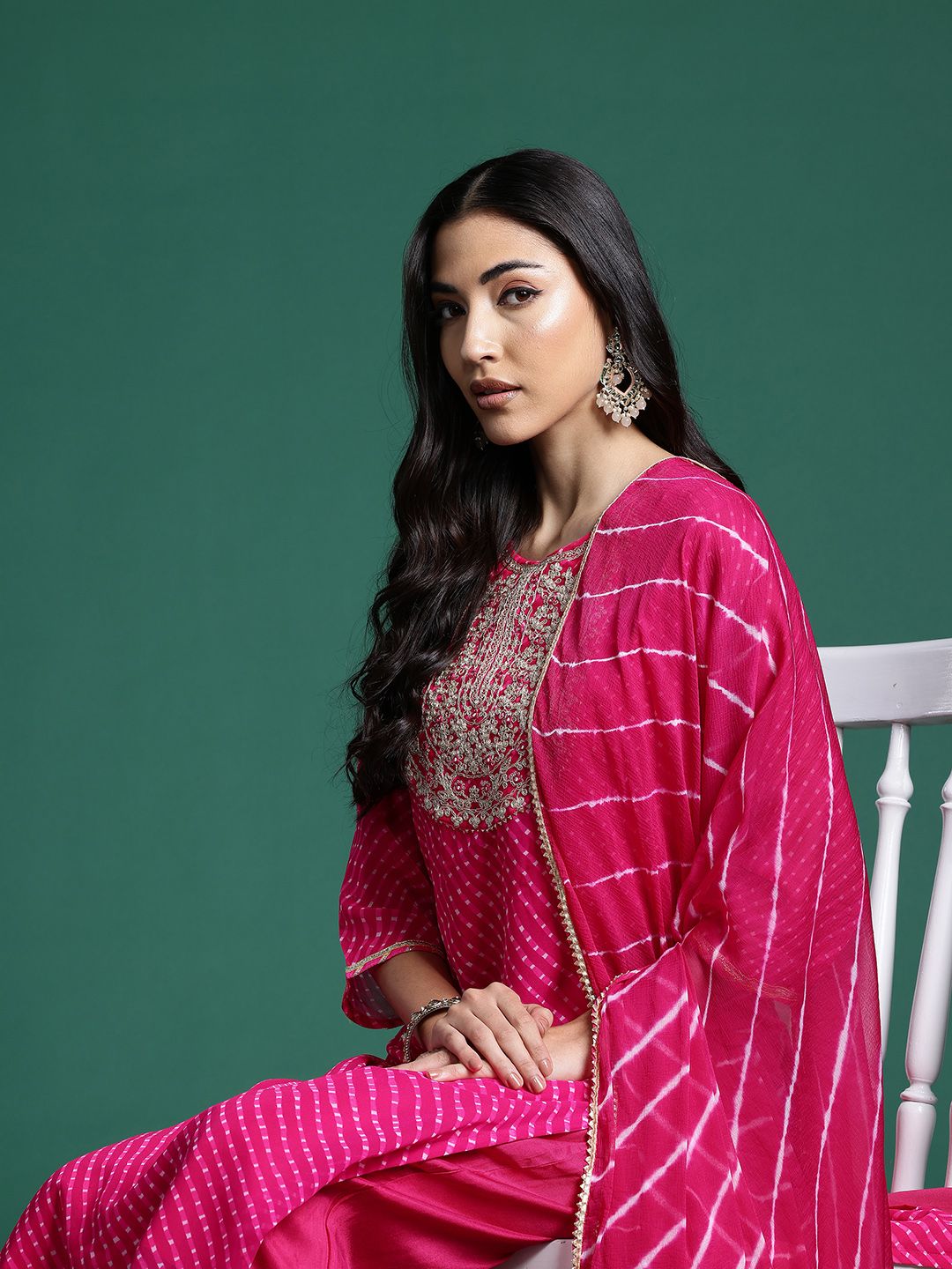 Dhiyona IE Leheriya Printed Zari Kurta With Trousers & Dupatta