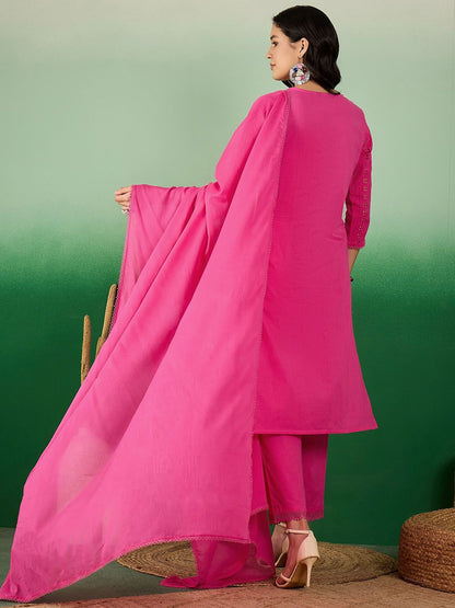 Dhiyona SN Women's Self Design Schiffli Tie-Up Neck Pure Cotton Kurta With Trousers & Dupatta