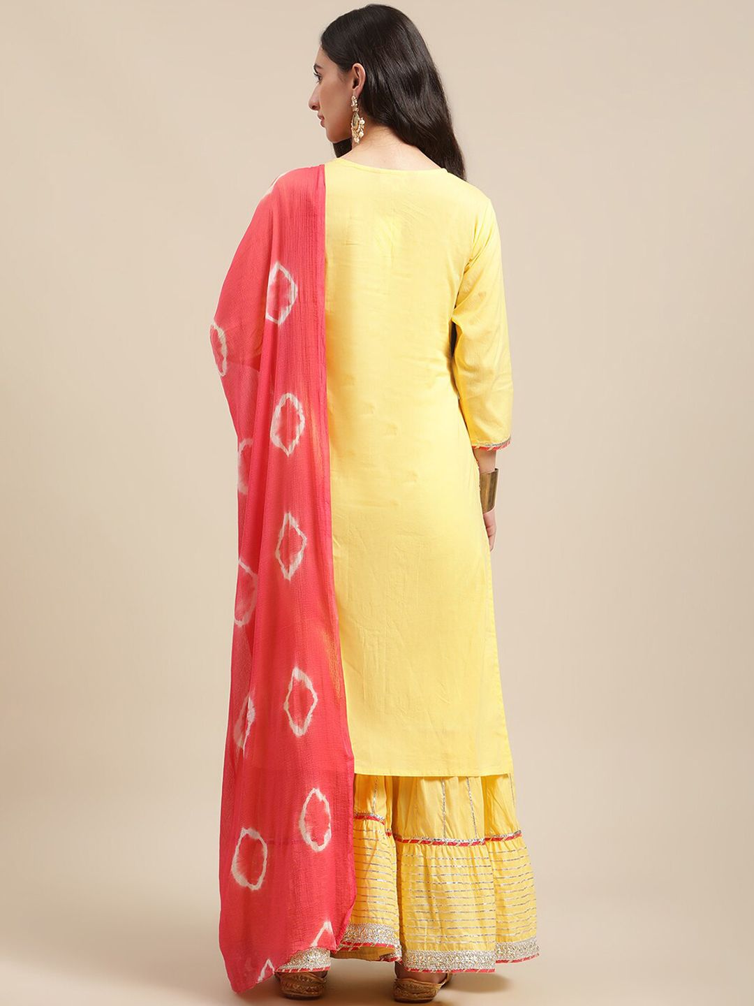 Dhiyona VA Women's Yellow & Pink Gotta Patti Pure Cotton Kurta with Sharara & Shibhori Dupatta