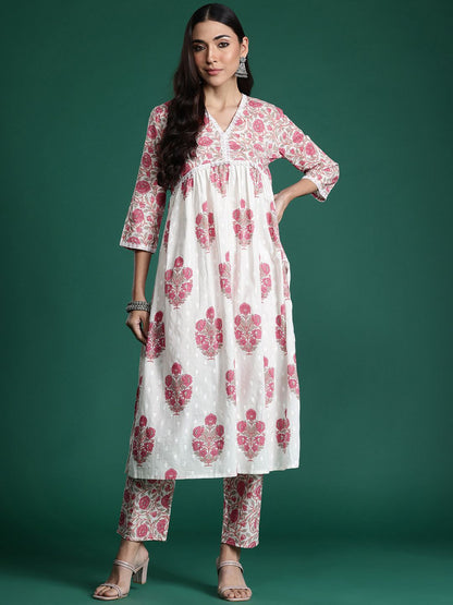 Dhiyona IE Women Floral Printed Empire Pure Cotton Kurta with Trousers